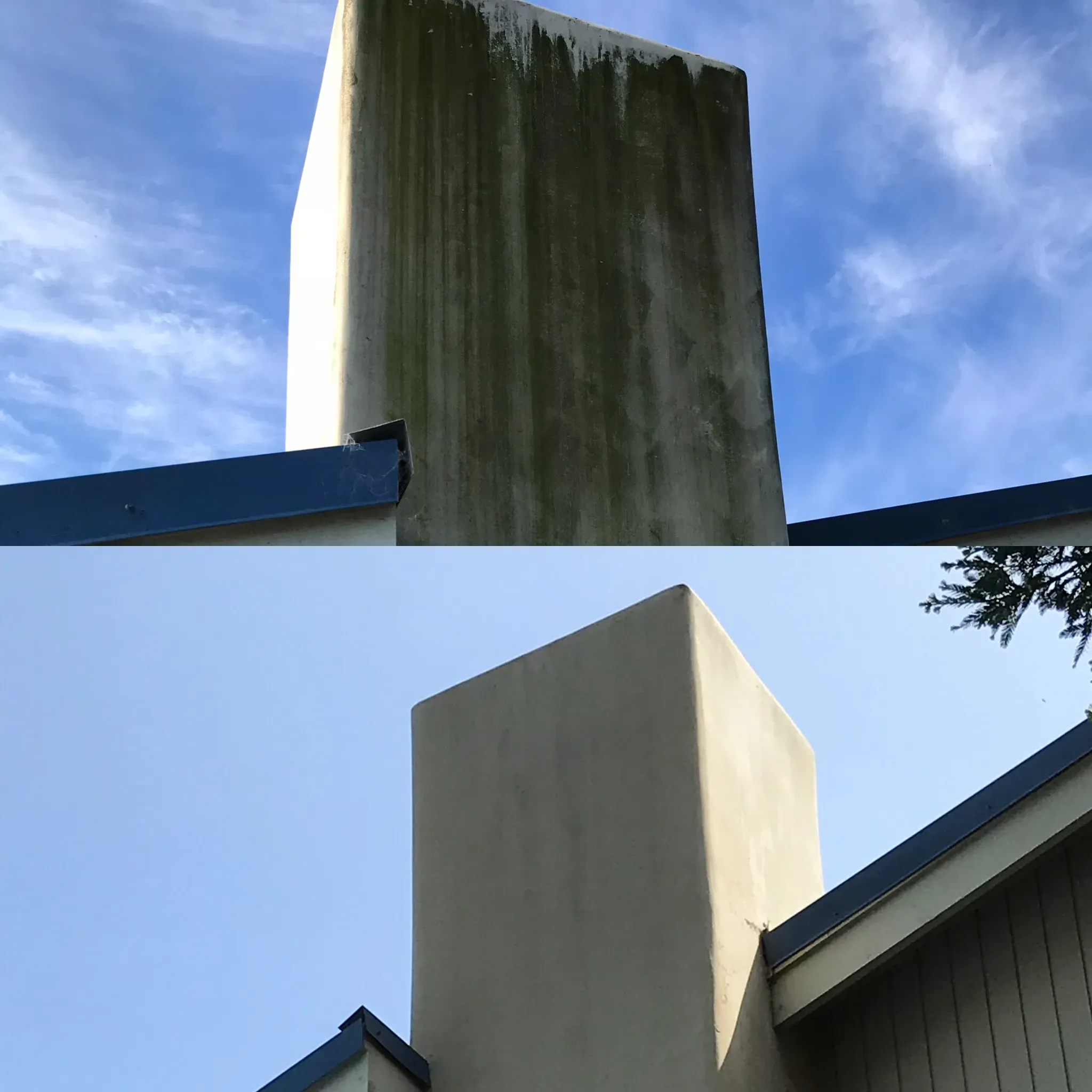 Stucco chimney before and after soft washing: green algae streaks removed to reveal clean stucco