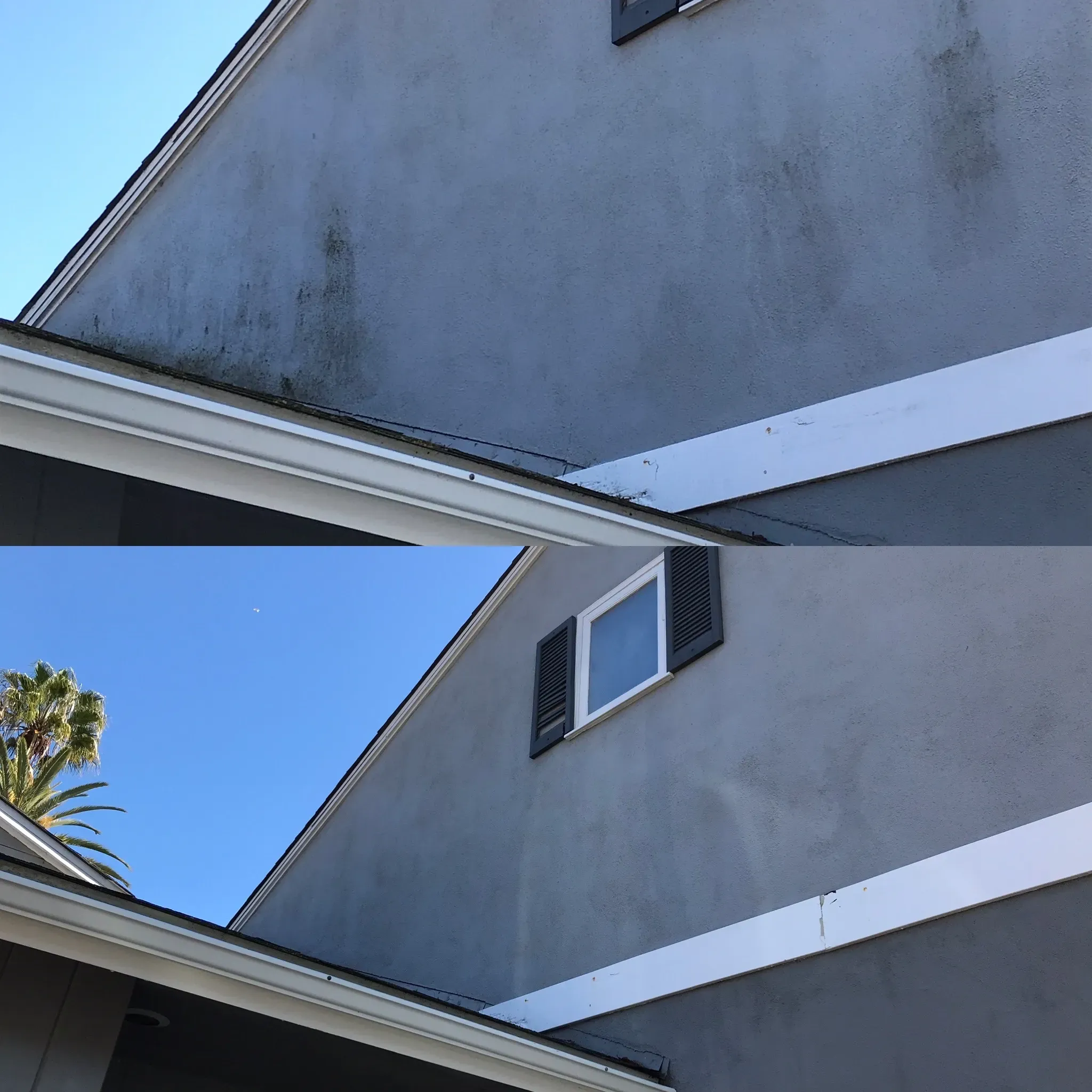 North-facing home wall before and after soft washing: heavy algae staining up top, clean stucco below